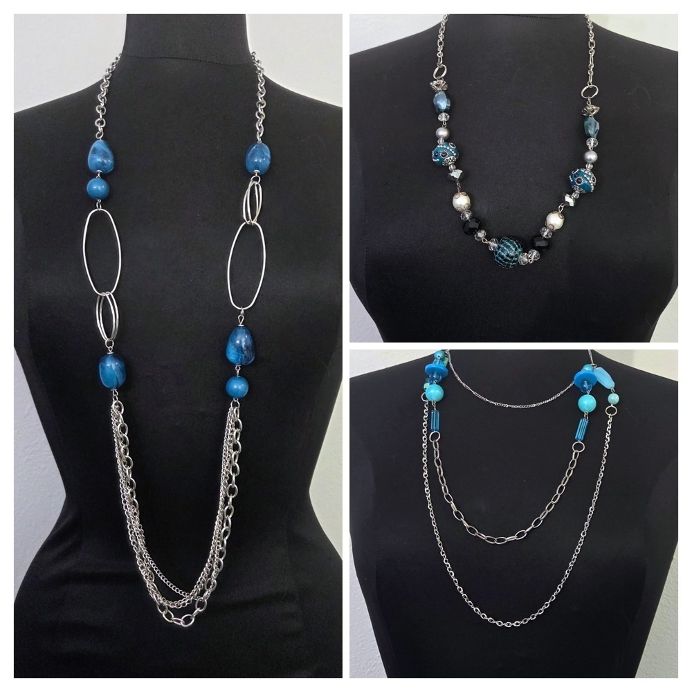 Fashion Necklace Lot – 3 Statement Necklaces Blue Tones Silver Chains Beaded